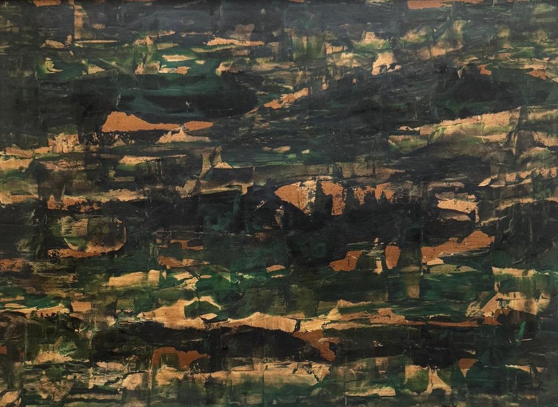 Behjat Sadr, Oil on paper.: Behjat Sadr (Iranian, 1924-2009) Title: Untitled (Abstract composition), Medium: Oil on paper, Size: 24 h x 18 w inches, Date: Undated. This lot is accompanied by a COA (Certificate of Attribution) an