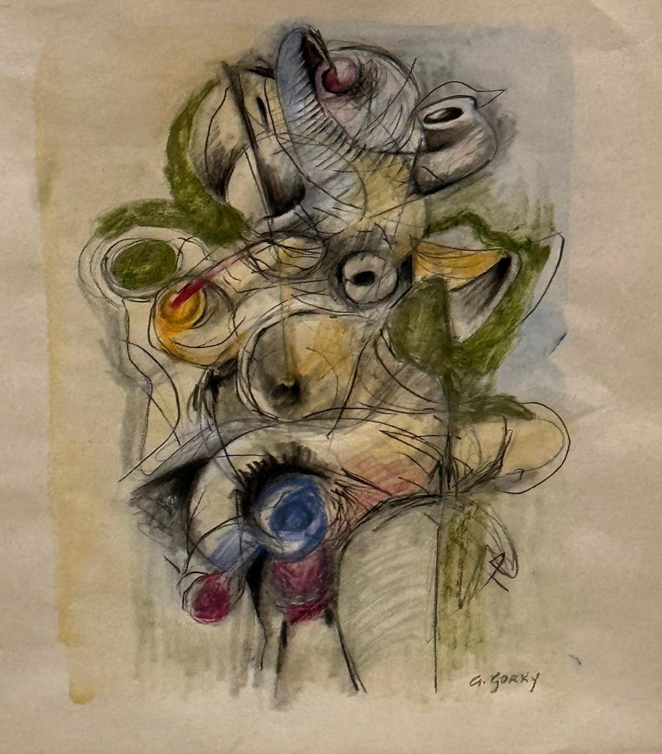 Arshile Gorky, Watercolor, pastel and ink on paper.: Arshile Gorky (1904-1948) Title: Untitled (Abstract composition), Medium: Watercolor, pastel and ink on paper, Size: 11 h x 10 w in , Date: ca. 1930-40. This lot is accompanied by a COA (Certificate o