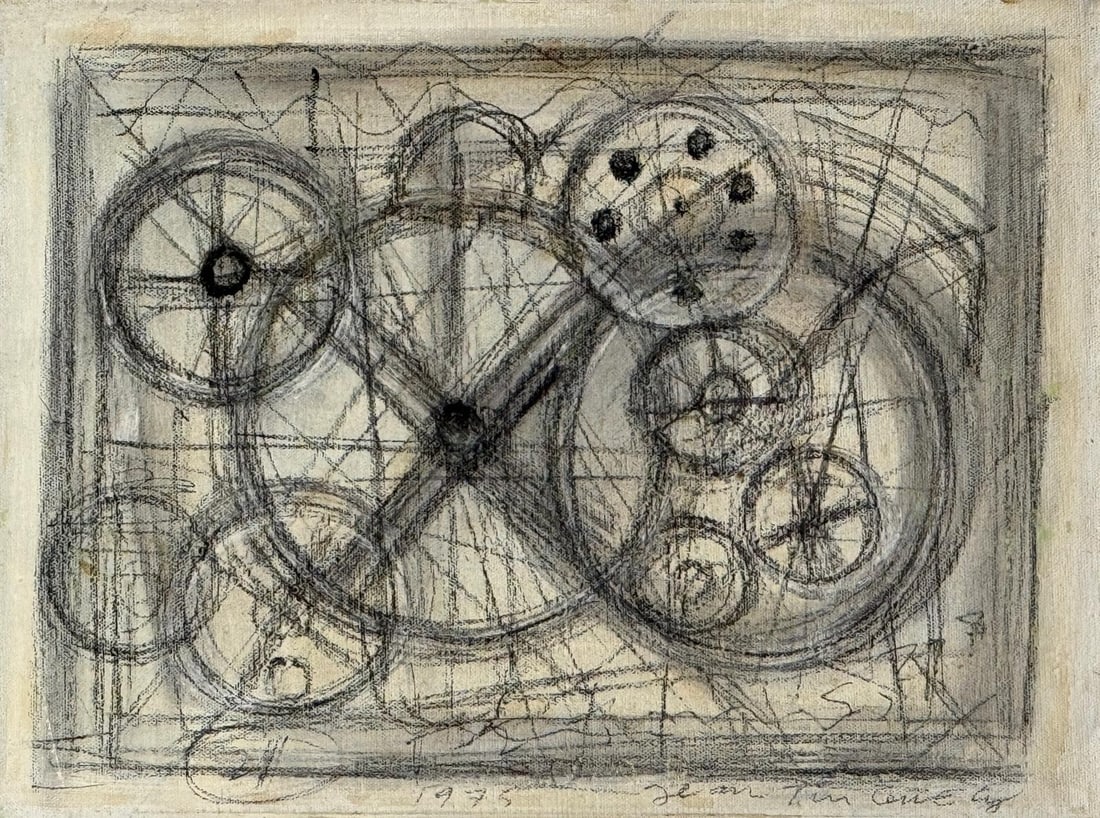Jean Tinguely, Oil pastel on canvas.: Jean Tinguely (Swiss, 1925-1991) Title: Untitled (Composition), Medium: Oil pastel on canvas, Date: 1975, Size: 16 h x 12 w inches. This lot is accompanied by a COA (Certificate of Attribution) and is
