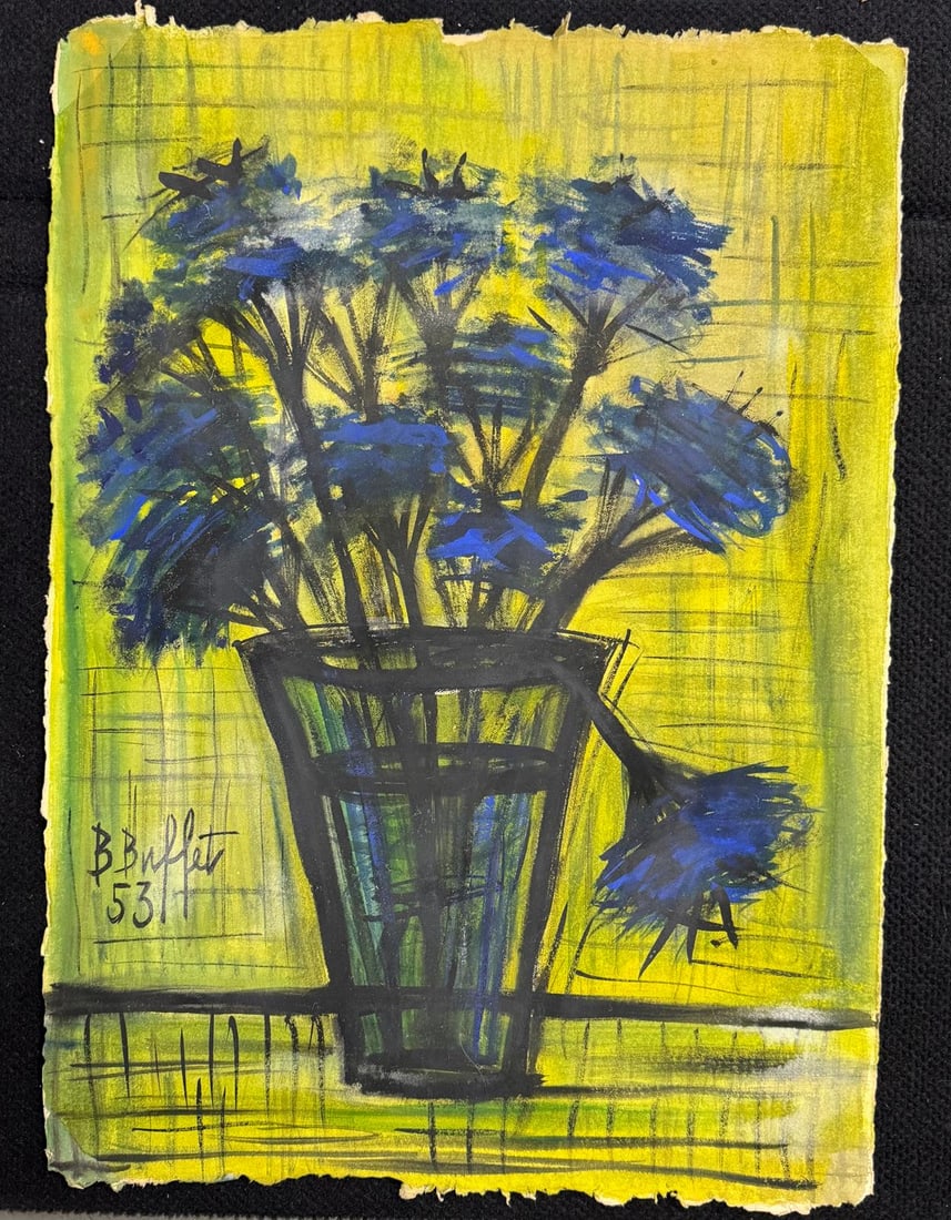 Bernard Buffet, Watercolor and ink on paper.: Bernard Buffet (1928-1999) Title: Untitled (Flowers), Medium: Watercolor and ink on paper, Size: 24" h x 17.50" w inches, Date: 1953. This lot is accompanied by a COA (Certificate of Attribution) and 