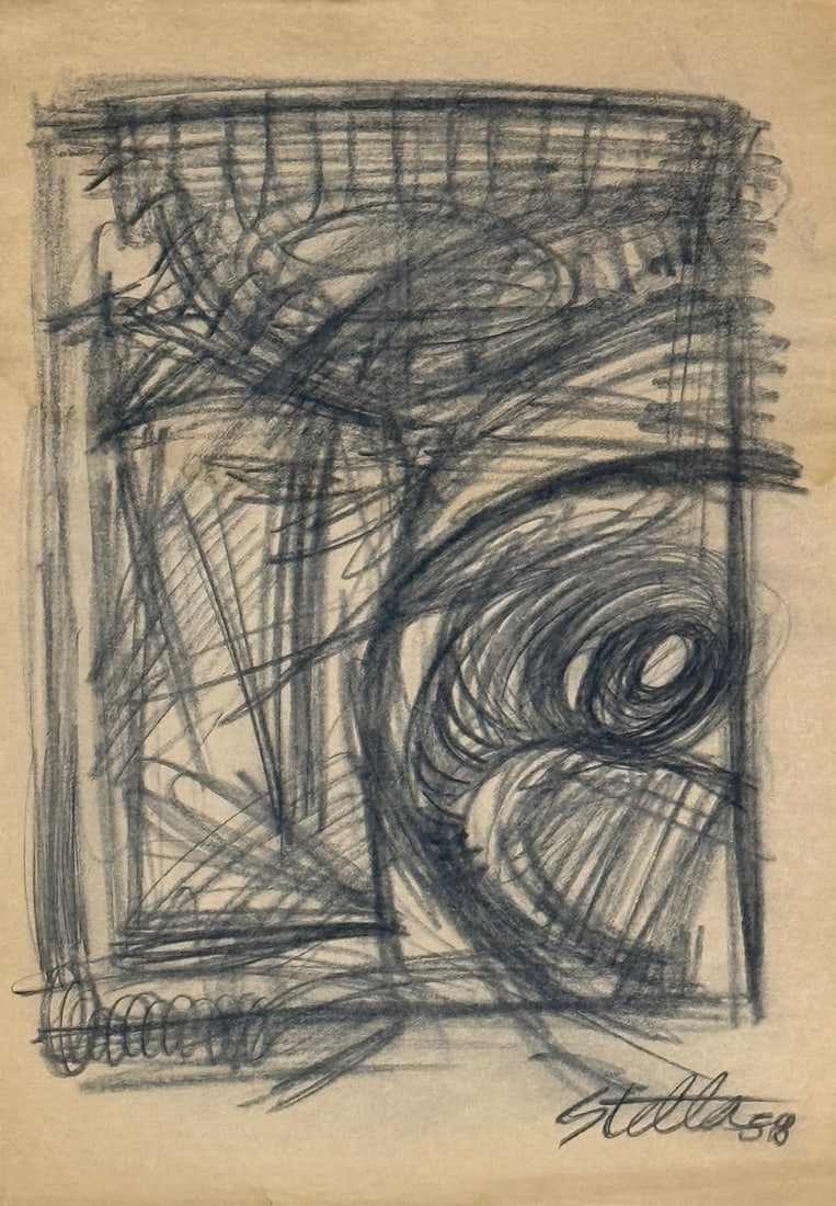 Frank Stella, Charcoal on paper.: Frank Stella (1936-2024) Title: Untitled, Medium: Charcoal on paper, Date: 1958, Size: 15 h x 10.75 w in. This lot is accompanied by a COA (Certificate of Attribution) and is not a reproduction, it is