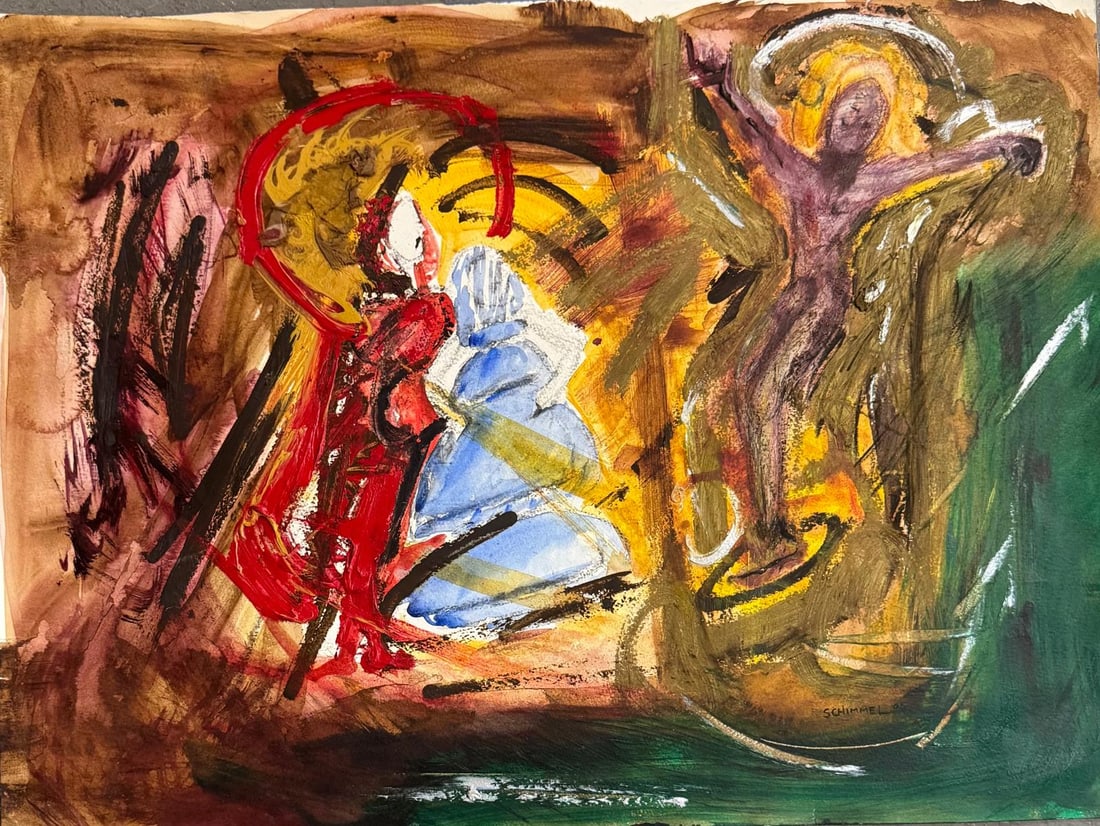 Fred Schimmel, Mixed media collage on paper.: Fred Schimmel (1928-2009) Title: Untitled (Abstract composition), Medium: Mixed media collage on paper, Size: 18" h x 24" w inches, Date: 2005. This lot is accompanied by a COA (Certificate of Attribu