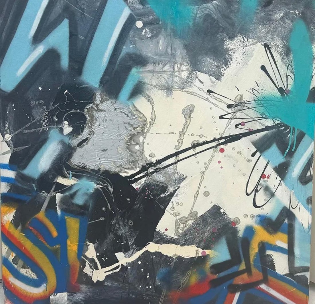 John "CRASH" Matos, Spray paint on canvas.: John "CRASH" Matos (American, born 1961) Title: Untitled (Abstract composition), Medium: Spray paint on canvas, Size: 34.50" h x 34.25" w inches, Date: Undated. This lot is accompanied by a COA (Certi