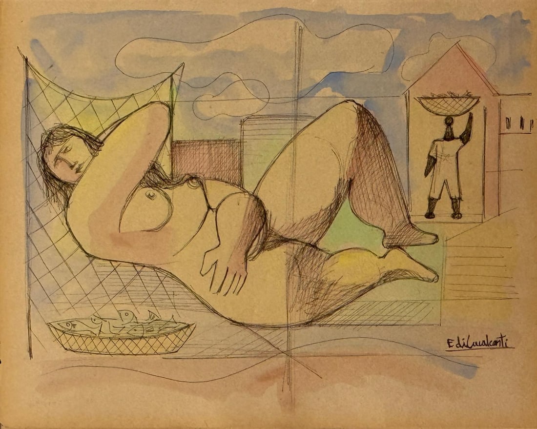 Emiliano Di Cavalcanti, Watercolor and ink on paper.: Emiliano Di Cavalcanti (1887-1976) Title: Untitled (Sketch), Medium: Watercolor and ink on paper, Date: ca. 1977, Size: 12 h x 14 w inches. This lot is accompanied by a COA (Certificate of Attribution