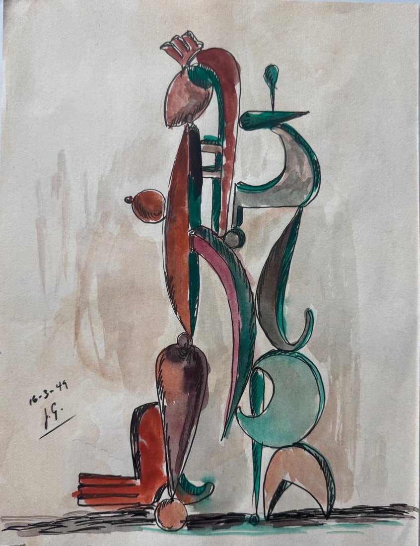Julio Gonzalez, Mixed media on paper.: Julio Gonzalez (1876-1942) Title: Untitle, Medium: Mixed media on paper, Size: 12 h x 9 w inches, Date: 1949. This lot is accompanied by a COA, and is not a reproduction, it is a unique piece. We reco