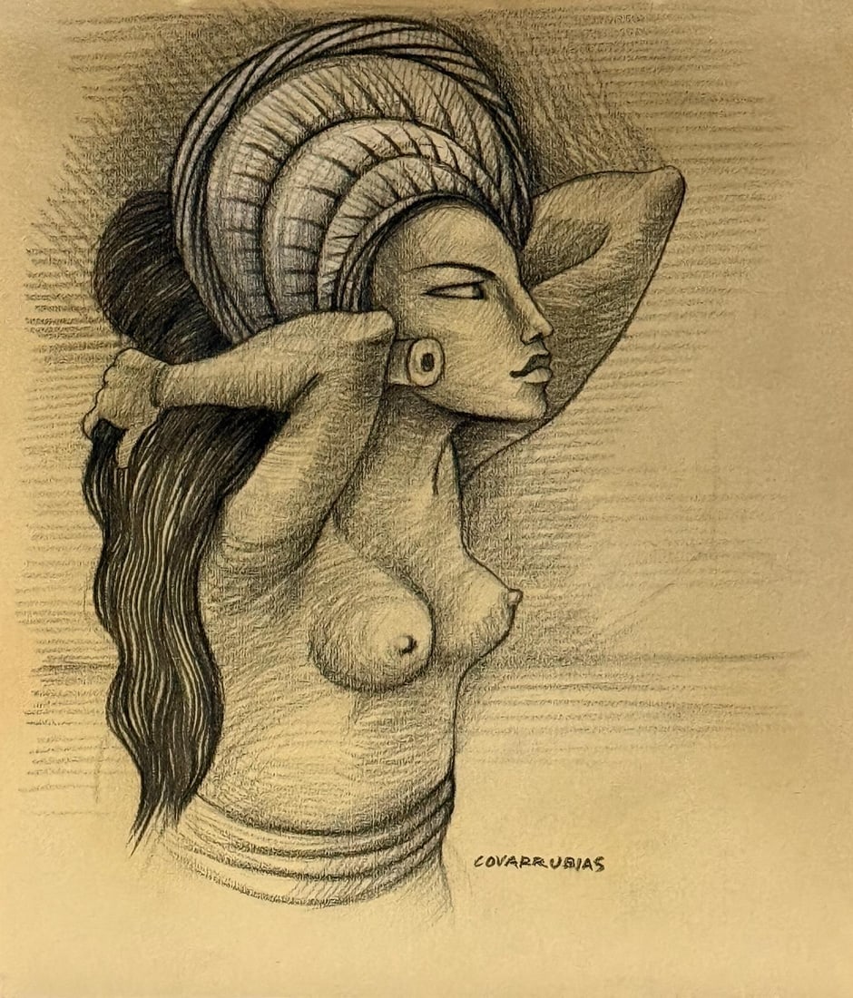 Miguel Covarrubias, Charcoal on paper.: Miguel Covarrubias (Mexican, 1904-1957) Title: Untitled (Portrait of india), Medium: Charcoal on paper, Date: ca. 1950, Size: 13.50 h x 11.25 w in. This lot is accompanied by a COA (Certificate of Att