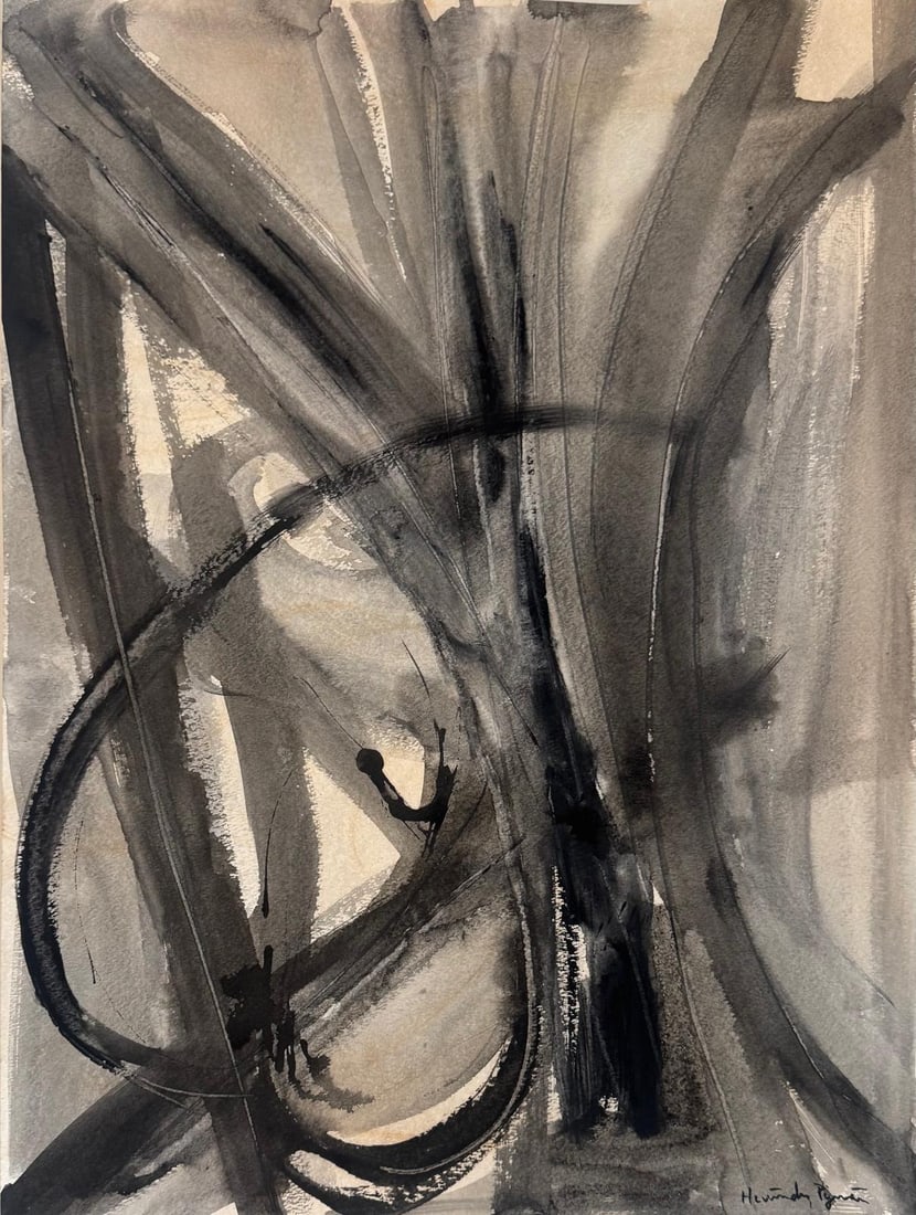 Joan Hernandez Pijuan, Gouache on paper.: Joan Hernandez Pijuan (1931-2005) Title: Untitled (Abstract composition), Medium: Gouache on paper, Date: Undated, Size: 24.25" h x 18.25" w inches. This lot is accompanied by a COA (Certificate of At