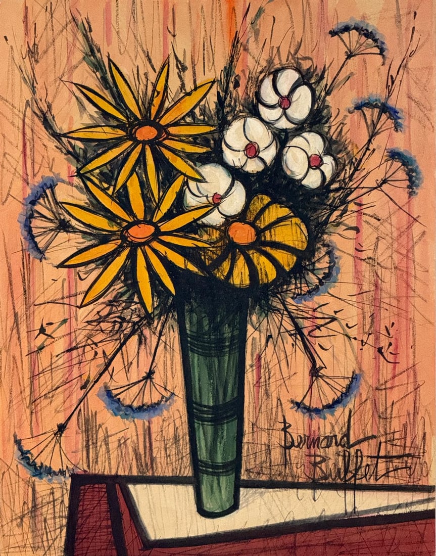 Bernard Buffet, Gouache and charcoal on paper.: Bernard Buffet (1928-1999) Title: Untitled (Flowers), Medium: Gouache and charcoal on paper, Size: 14" h x 11" w inches, Date: circa 1979. This lot is accompanied by a COA (Certificate of Attribution)