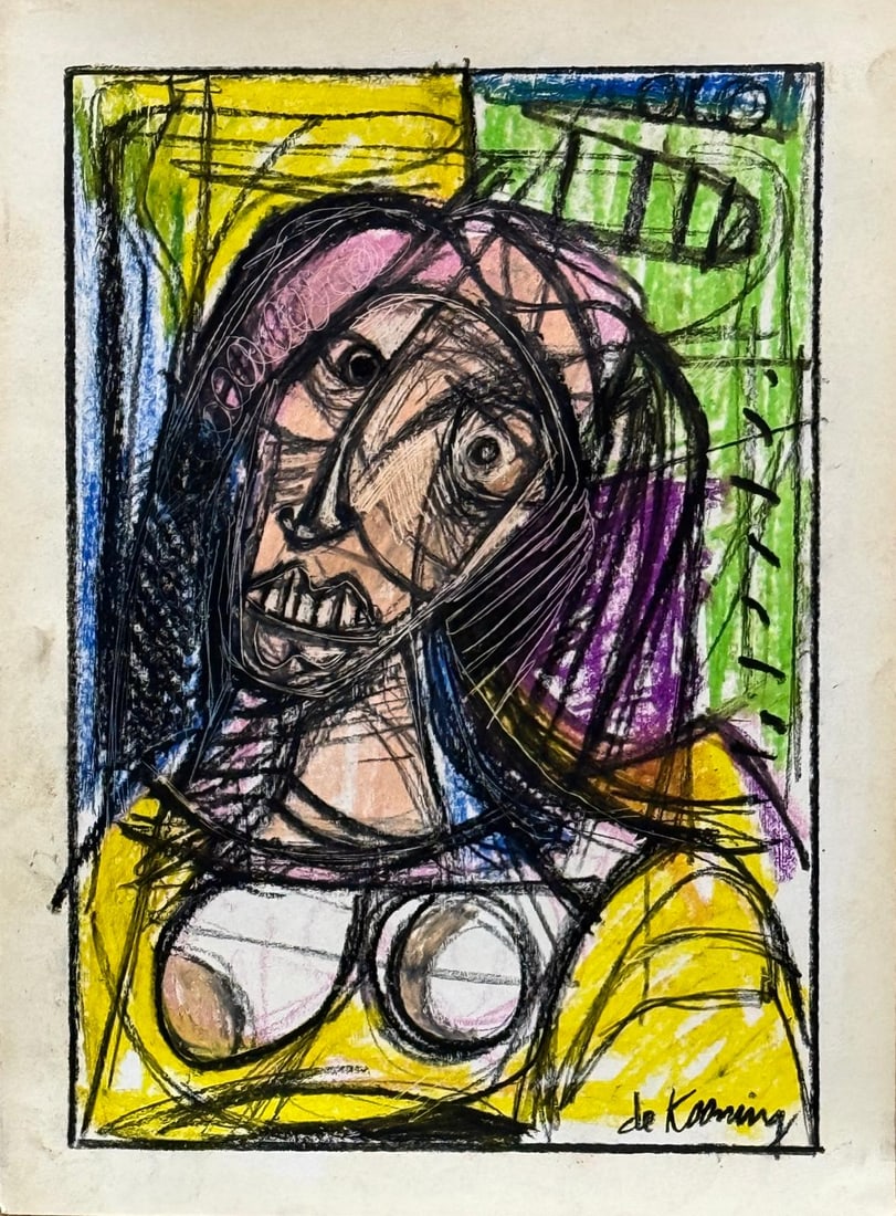 Willem de Kooning, Pastel on paper.: Willem de Kooning (1904-1997) Title: Untitled (Abstract portrait of a woman), Medium: Pastel on paper, Size: 12 h x 9 w in, Date: ca. 1953. This lot is accompanied by a COA (Certificate of Attribution