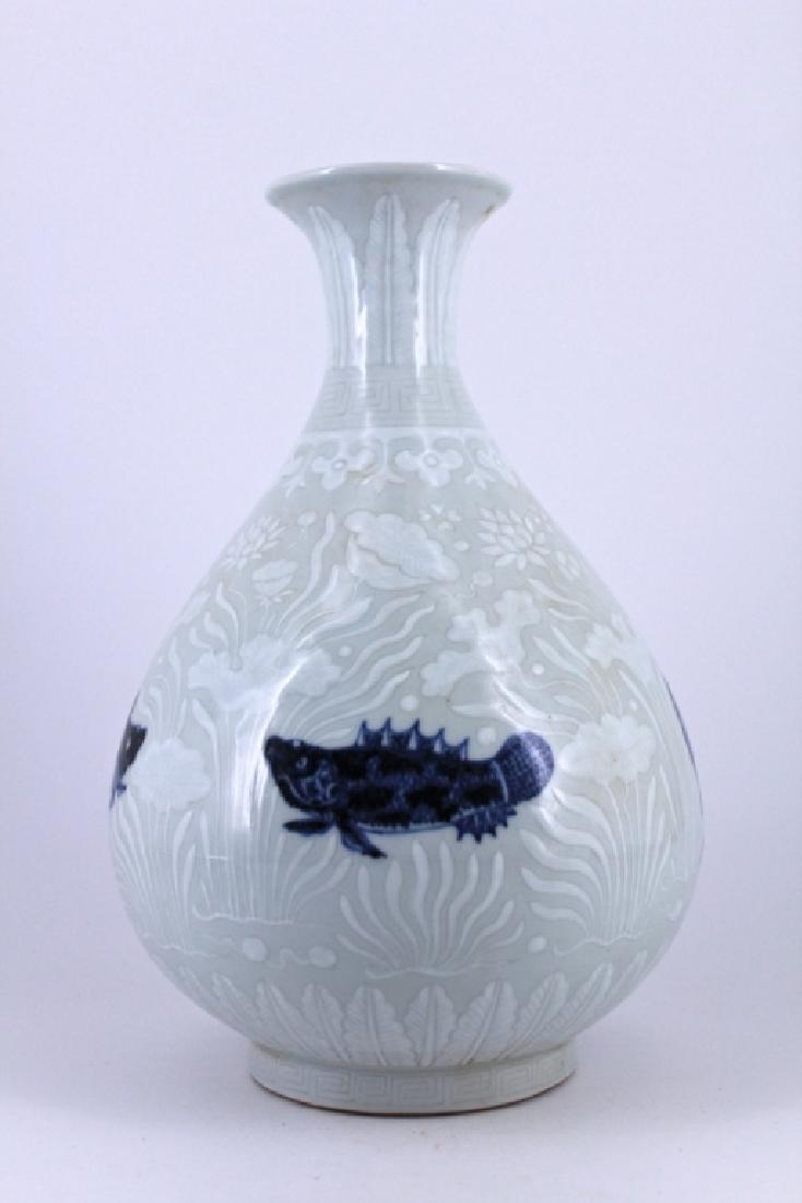 Ming White Glaze Blue Fish Porcelain Vase (1 of 6)