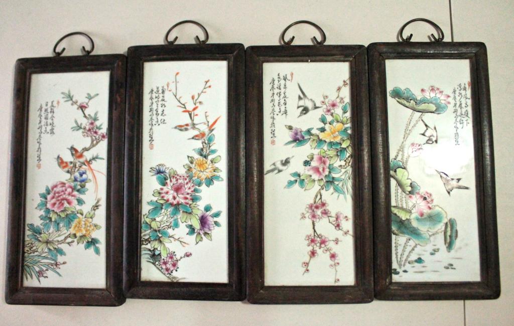 Set of Four Pieces Porcelain Plaque Wood Frame (1 of 9)