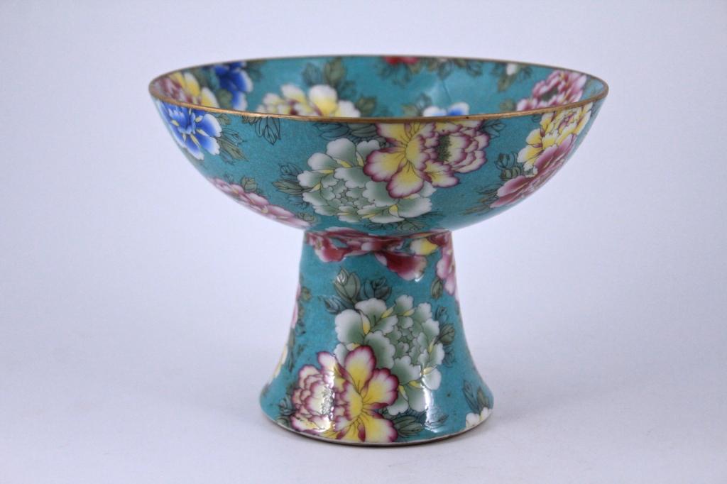 Famille Rose Porcelain Handle Cup: Famille Rose Porcelain Handle Cup Qing with colorful floral design 5" H x 6 3/4" W