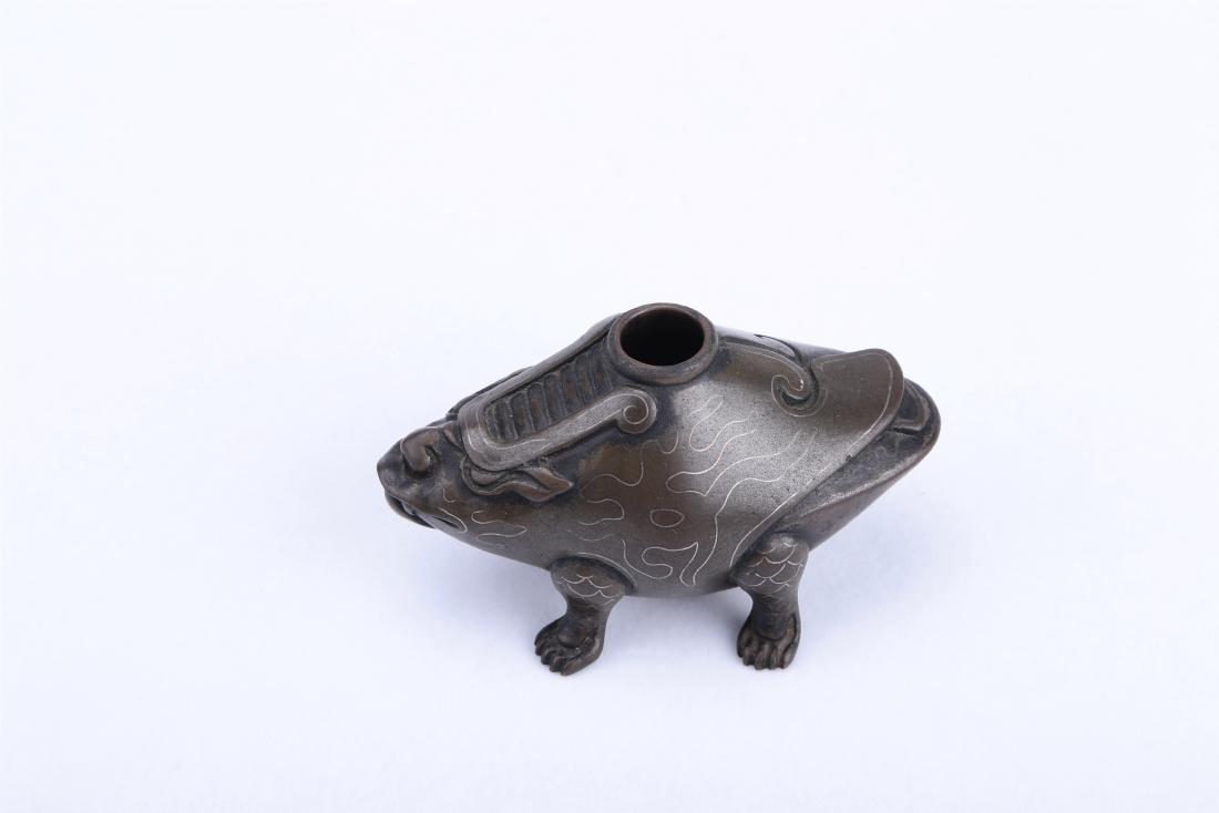 A CHINESE BRONZE FOO-DOG WATER POT WITH SILVER INLAIDED (1 of 5)