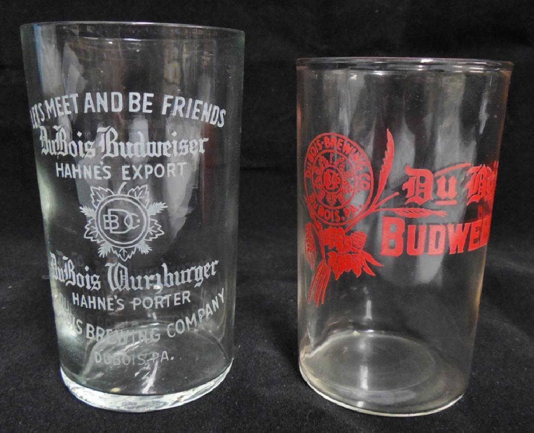Lot of 2 Beer Sampling Glasses: "Lets Meet and be Friends DuBois Budweiser DuBois Brewing Company DuBois PA" and "DuBois Budweiser"; both measure 4" H