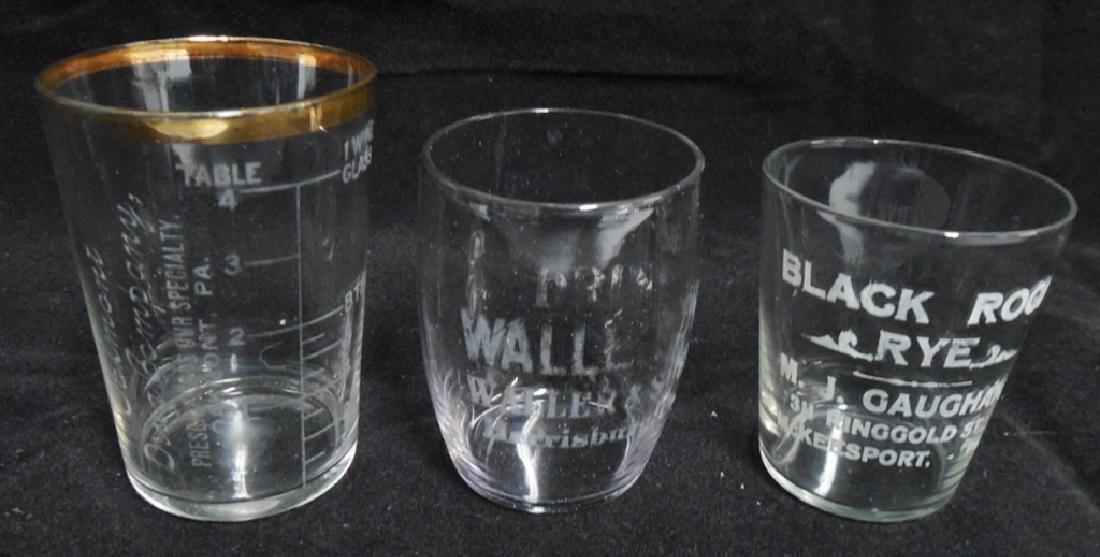Lot of 3 Shot Glasses: "Oakmont Drug Company Oakmont PA," "Waller Rye Harrisburg PA" (lettering is fading); and "Black Rock Rye McKeesport PA"; Tallest one measures 2 1/2" H