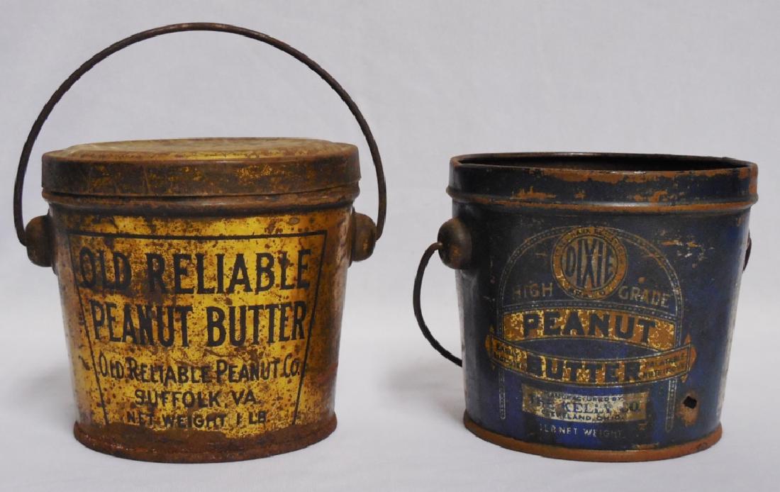 Lot of 2 Peanut Butter Tins with Handles: NOTE: DAMAGE that blue can has missing lid and a hole in the bottom and both are very rusty; both measure 3 1/2" H