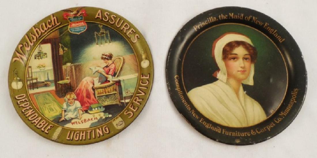 Lot of 2 Tip Trays: "Welsbach Assures Dependable Lighting Service" and "Priscilla The Maid of New England" both measure 4 3/16" diameter