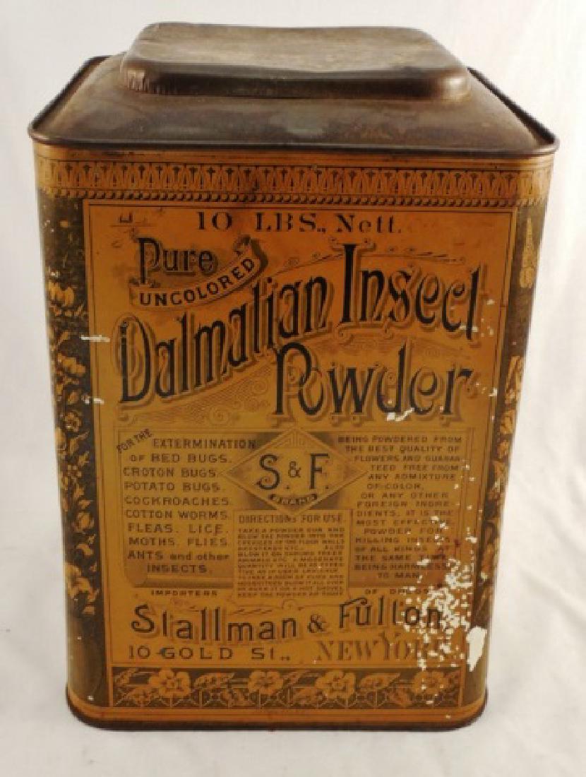 "Dalmation Insect Powder" Tin: measures 11" H x 7 9/16" square bottom NOTE: DAMAGE DENTED
