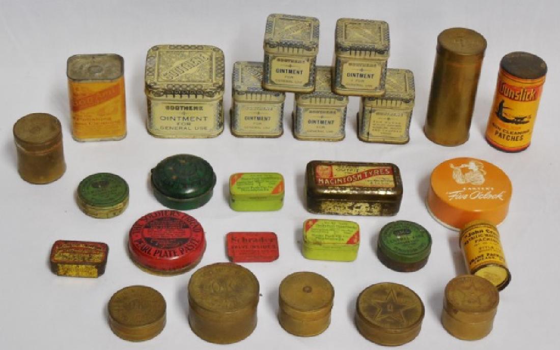 Lot of 24 Assorted Tins: "Ointment" "Gun Cleaning Patches" "UMC Central-Fire Percussion Caps" "Thumbtacks" "Polish" and others NOTE: SOME MAY CONTAIN ORIGINAL PRODUCT