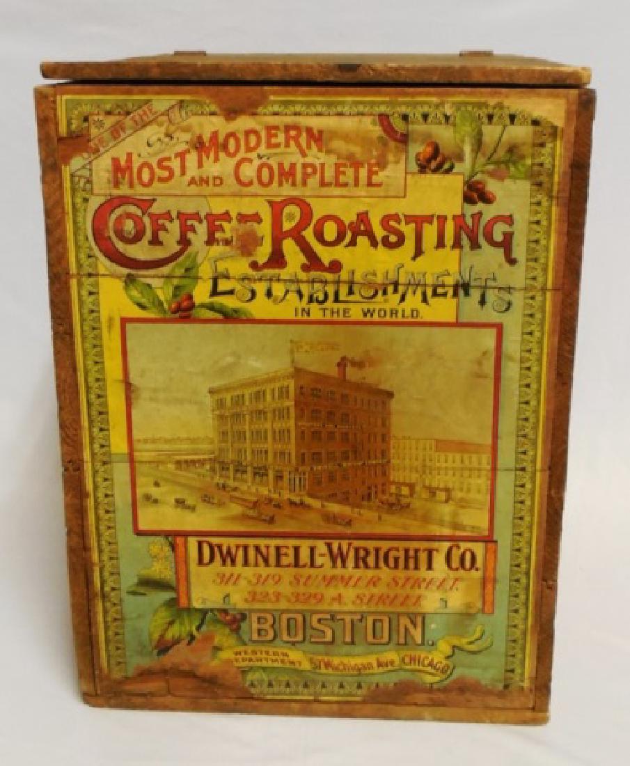 Wooden Coffee Box: "One of the Most Modern and Complete Coffee Roasting Establishments in the World Dwinell-Wright Co" measures 15" L x 20" H x 15" D