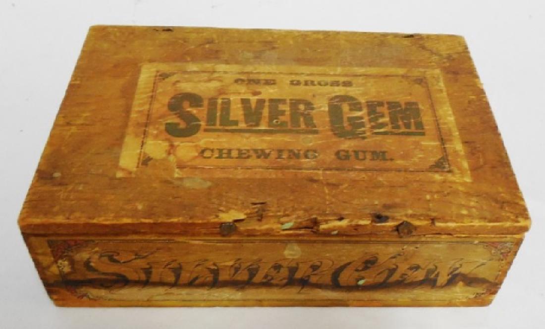 Wooden Box: "One Gross Silver Gem Chewing Gum" measures 8" L x 2 1/2" H x 5 3/4" D