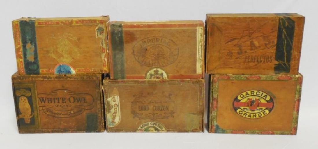 Lot of 6 Assorted Cigar Boxes: 1 cigar box is filled with small corks