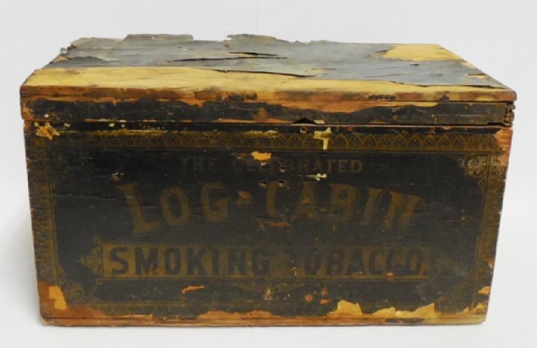 Smoking Tobacco Wooden Box: "The Celebrated Log-Cabin Smoking Tobacco Chas. H. Contrad and Co. Danville, Virg'a" measures 14 3/4" L x 8" H x 9 1/4" D NOTE: DAMAGE MAJOR PAINT FLAKING