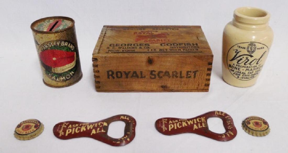 Assorted Food Related Items Lot: "Georges Cod Fish" wooden box, "Parsley Brand Salmon" tin bank, "Bone-Marrow" jug, 2 "Pickwick Ale" bottle openers, and 2 "Barmann's Light Beer" bottle caps