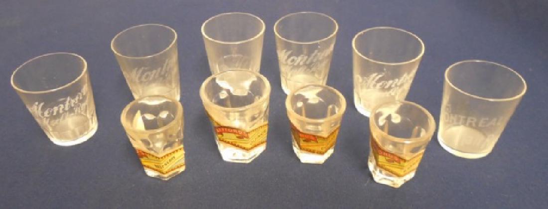 Lot of 10 Shot Glasses: 6 assorted "Montreal Malt Rye" and 4 "Clifford's" NOTE: DAMAGE SOME LETTERING IS GONE