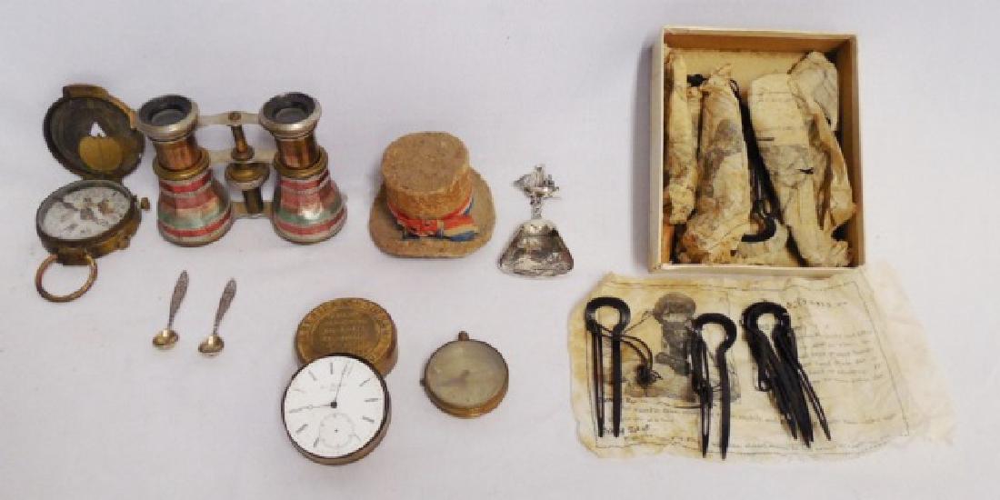 Assorted Items Lot: 2 Compasses "U.S. Engineer Corps" and "Paris", binoculars, 2 "1887 Sterling 306" Salt Spoons, American Pride Hat "Made of US National Greenbacks", Hair Pins with instructions, "American Waltham Watch