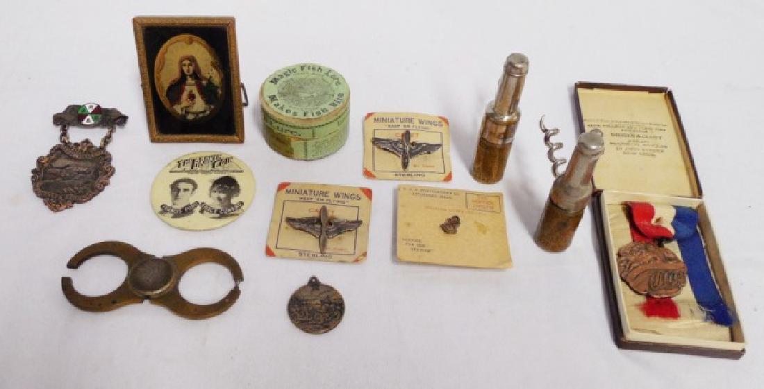 Assorted Lot of Items: picture, sterling silver pins, medals, fishing lure, pocket mirror, cork screws, and more