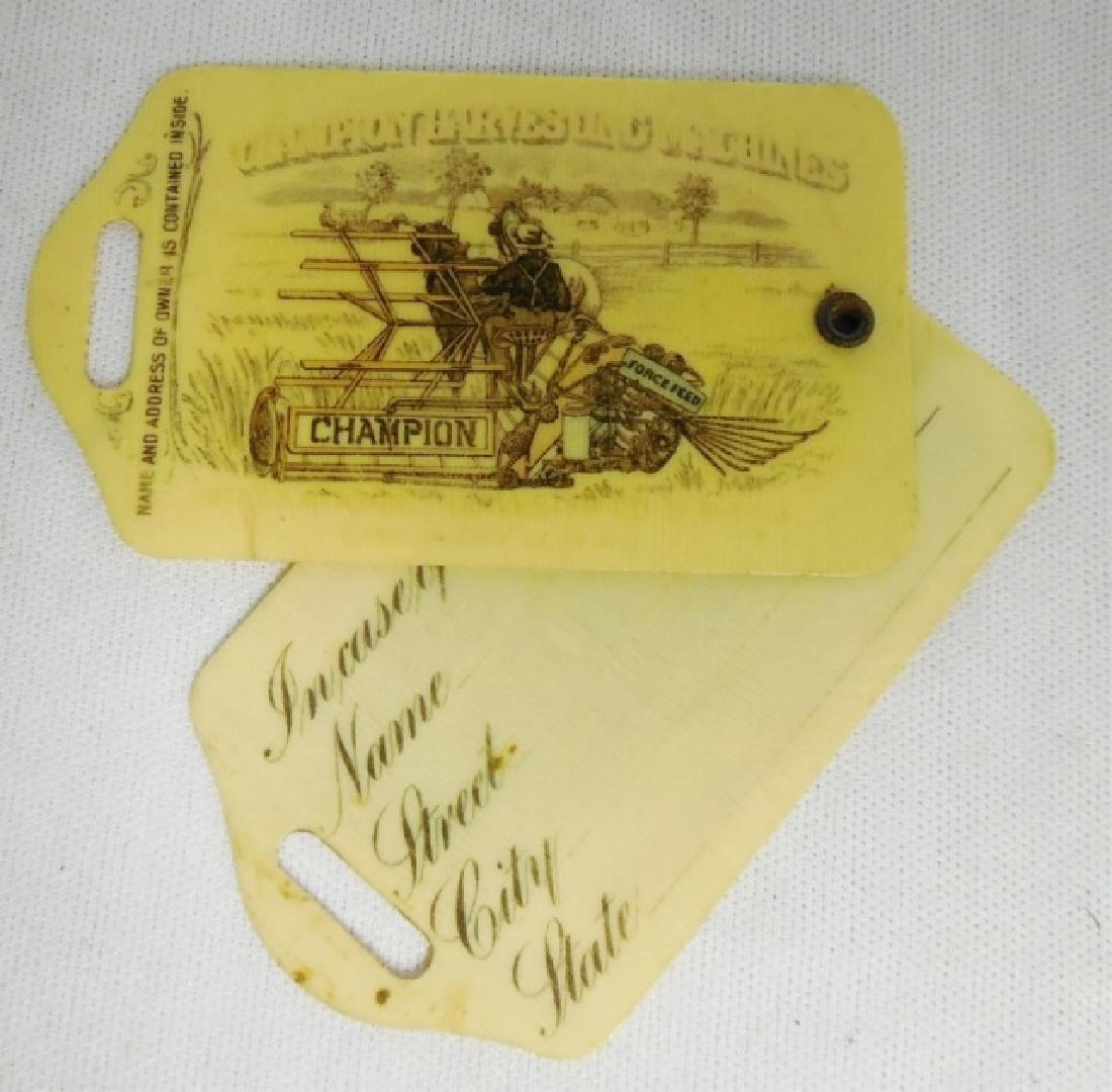 "In Case of Accident" Tag: "Champion Works Harvesting Machines In Case of Accident Notify" tag measures 2 1/2" L