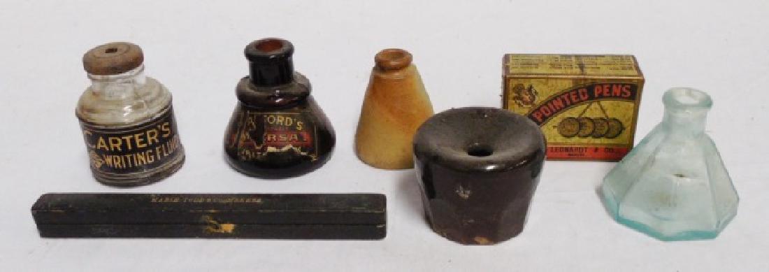 Ink Wells, Pen with Case, and More: 5 assorted ink wells and bottles, "D. Leonardt and Co Ball Pointed Pen" box with contents, and "Marie Todd and Co Makers Pen with Case"