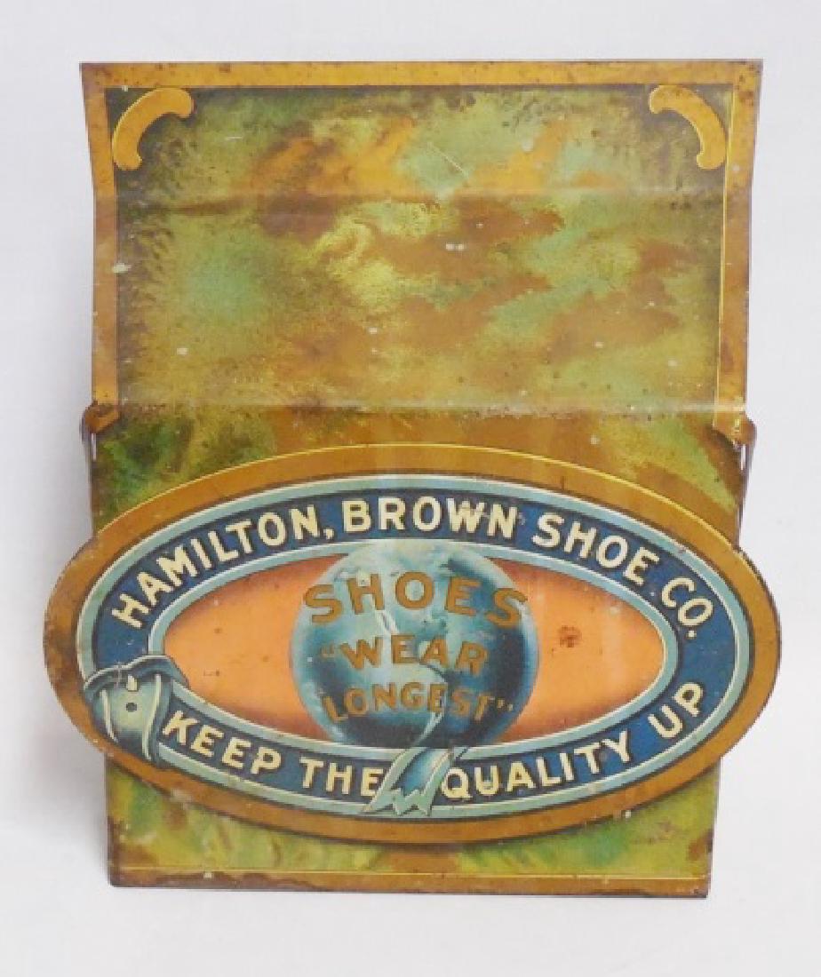 Metal Shoe Advertising Display: "Hamilton, Brown Shoe Co." measures 7 1/4" L x 7 3/4" H x 3 7/8" D