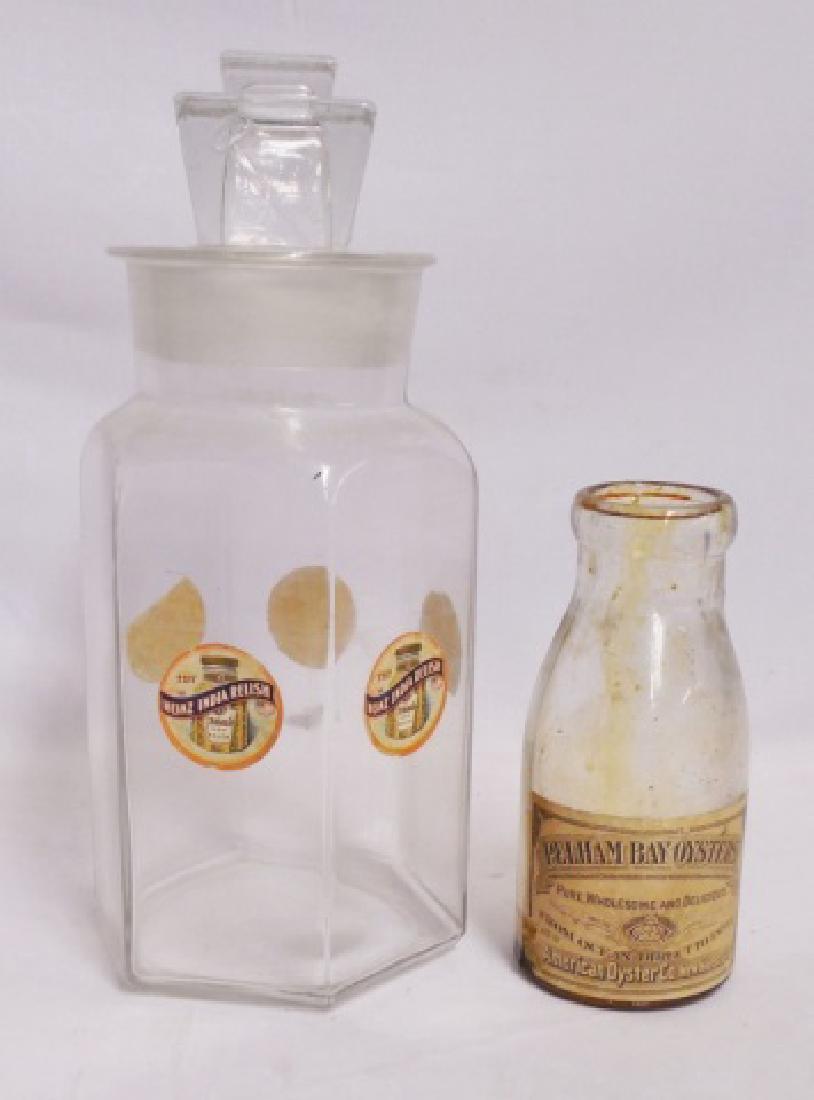 Lot of 2 Food Related Jar/Bottle: "Heinz India Relish Jar" measures 12 1/4" H and "Pelham Bay Oysters" Bottle