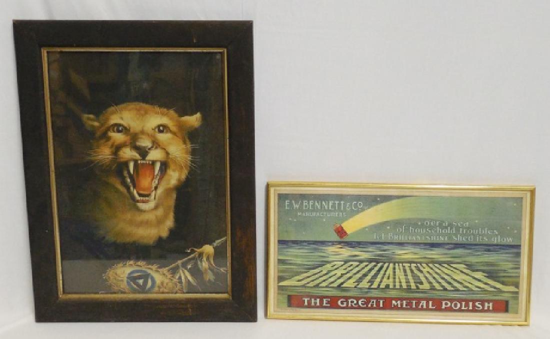 Lot of 2 Framed Advertisements: "E.W. Bennett and Co Inc The Great Metal Polish" measures 21" L x 11 3/8" H and "Colorado Midland _?_ Railway" Mountain Lion measures 23 3/8" H x 17 7/8" W