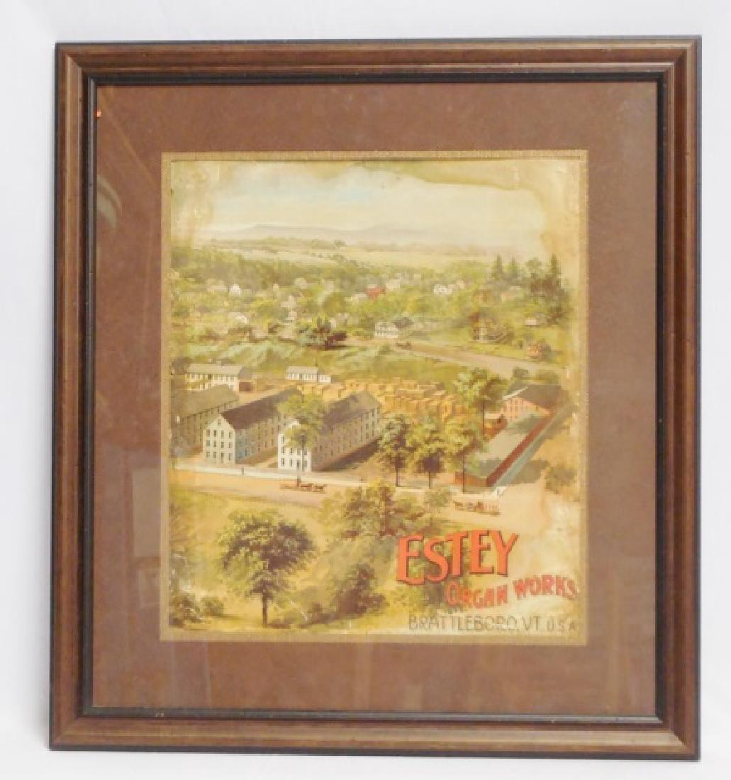 Framed Advertisement "Estey Organ Works": measures 27" H x 24 3/8" W NOTE: DAMAGE TO EDGE AROUND PICTURE