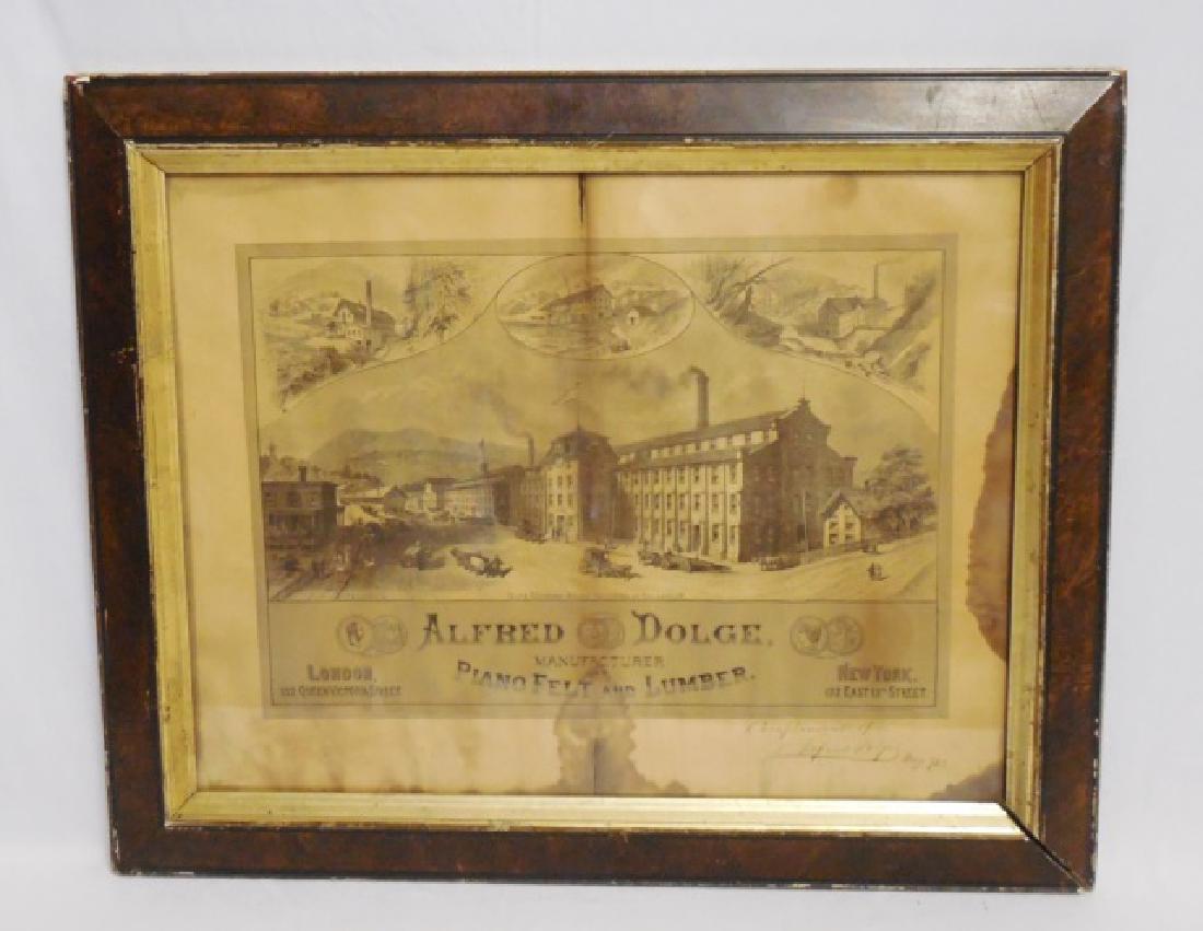 Framed Advertisement: "Alfred Dodge, Manufacturer of Piano Felt and Lumber" measures 32" L x 25 3/4" W NOTE: DAMAGE WATER STAINED AND SLIGHTLY TORN IN THE MIDDLE AT THE TOP AND THE BOTTOM
