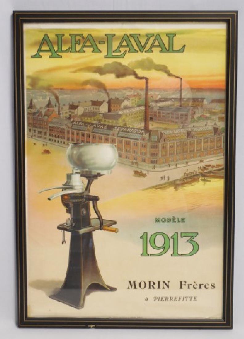 Framed Advertisement "Alfa-Laval Separator": "Modele 1913" measures 25" H x 17" W NOTE: DAMAGE TO FRAME AT BOTTOM