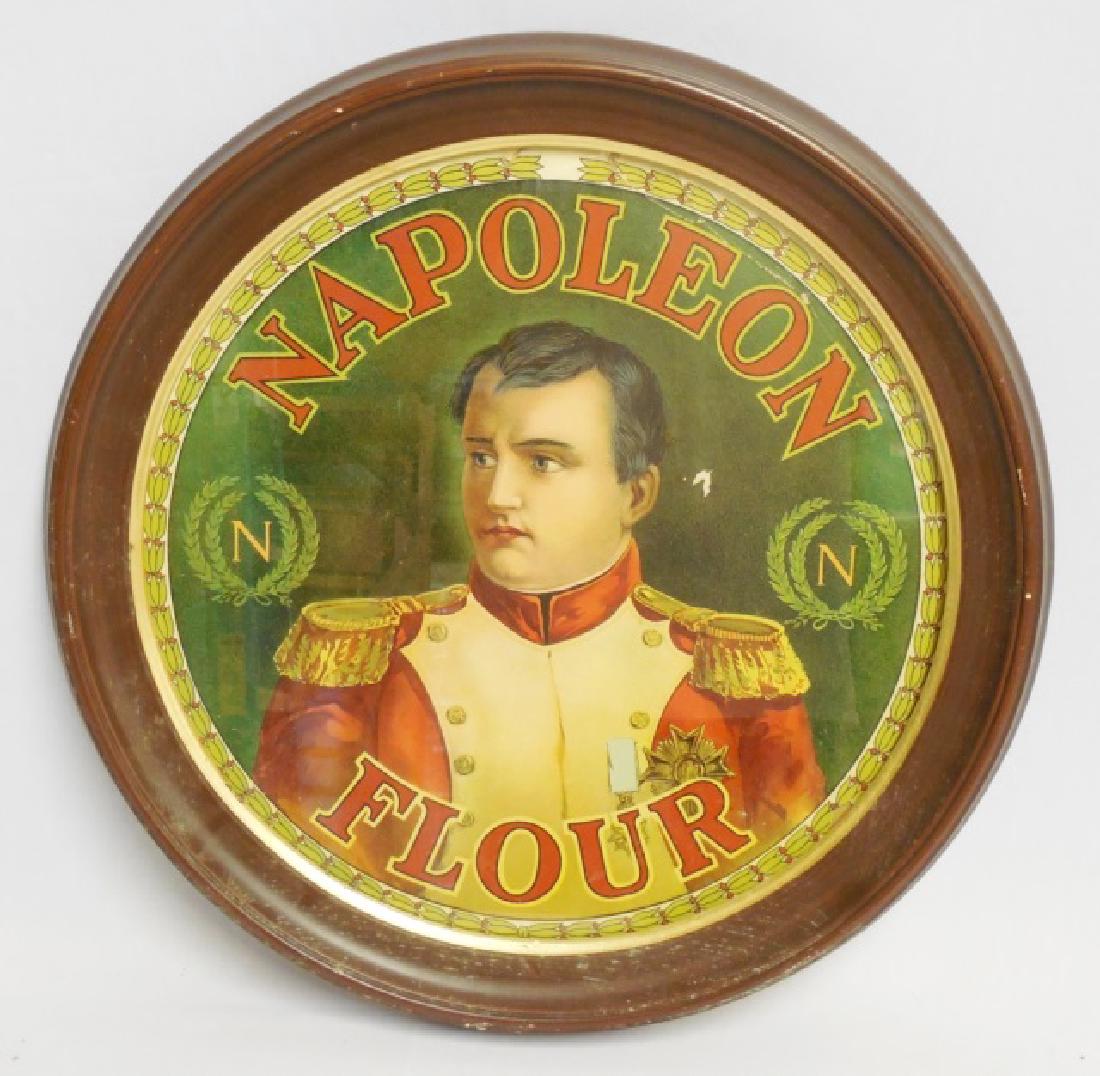 Framed Circular Advertisement "Napoleon Flour": measures 19 1/2" diameter NOTE: DAMAGE PAPER PEELING OFF OF RIGHT CENTER