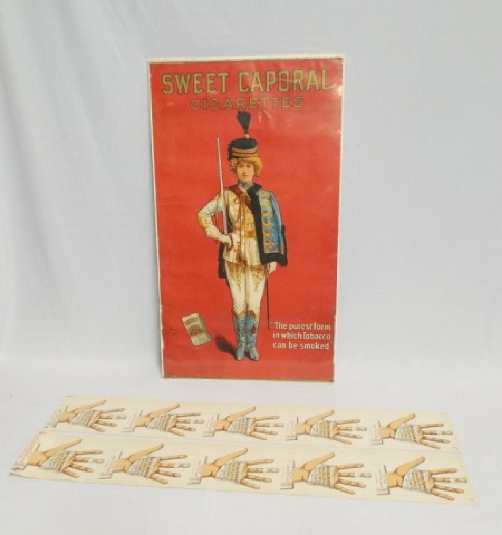 Lot of 3 Paper Advertisements: 2 "San-Cura Ointment" measures 36" L x 5 1/2" W and "Sweet Corporal Cigarettes" measures 30 1/8" H x 17 1/8" W