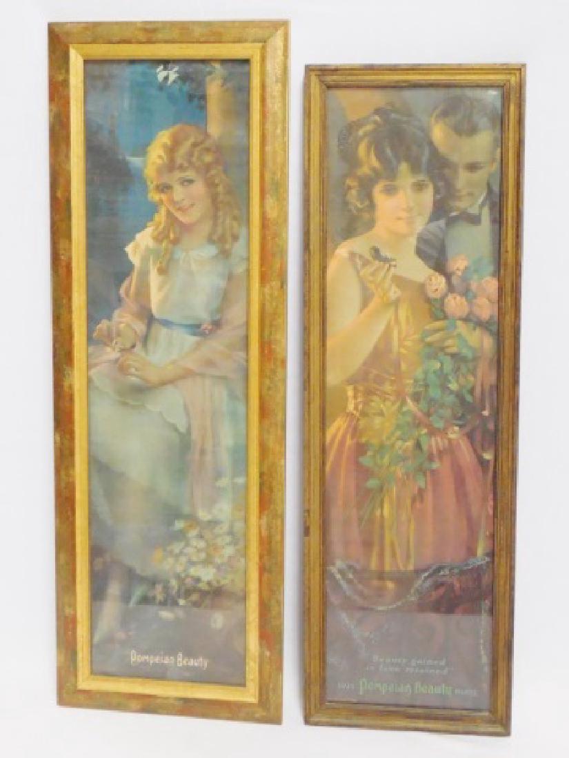 Lot of 2 Framed "Pompeian Beauty Products" Ads: "1923" measures 30 3/8" H x 10 1/4" W (larger one) and "1925" measures 28 1/2" H x 8 3/4" W