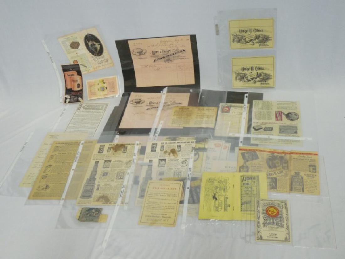 Lot of Assorted Paper Goods: receipts, labels, and ads for whiskey, medical, and household items