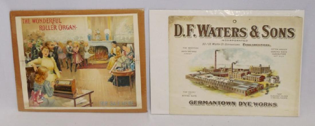 Lot of 2 Cardboard/Paper Advertisements: The Wonderful Roller Organ" and "Germantown Dye Works