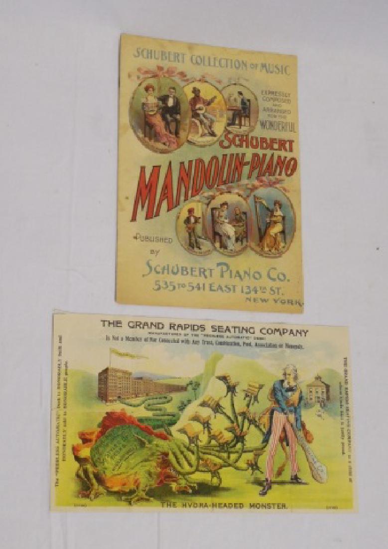 Lot of 2 Advertisements: Peerless Automatic Desk" with Uncle Same and "Schubert Collection of Music Composed and Arranged for the Wonderful Schubert Mandolin-Piano
