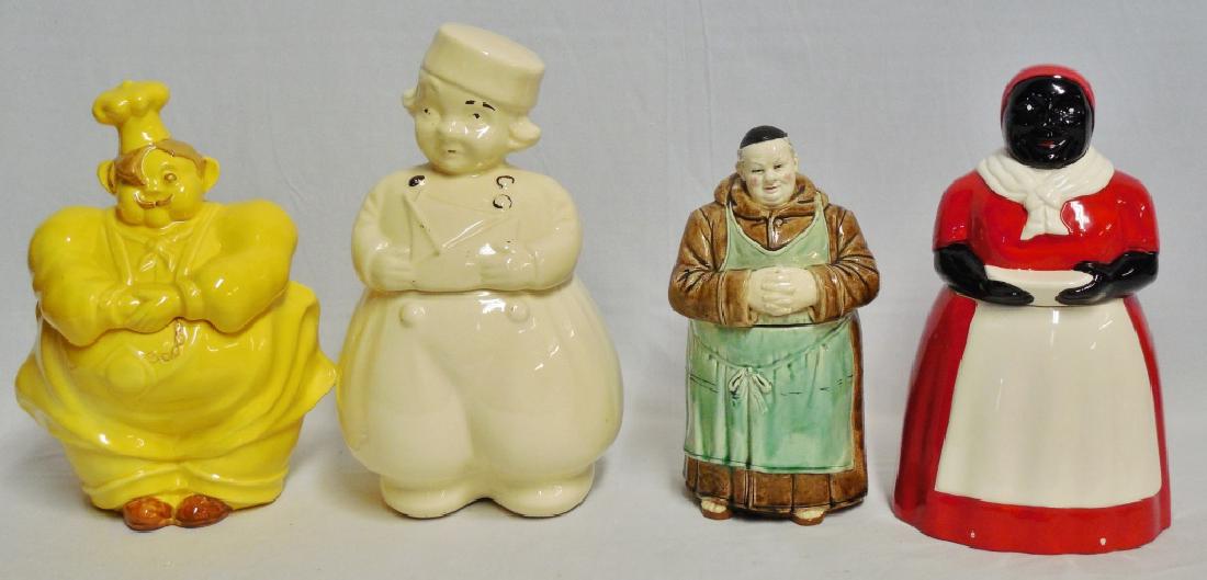 Lot of 4 Cookie Jars: tallest measures 13 1/2" H NOTE: THE MONK ON THE YELLOW JAR MARKED "RED WING" HAS BEEN REPAIRED