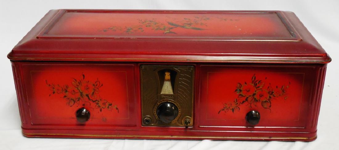 Philco Radio Model 512: with Philco Radio Speaker, radio measures 24" L x 7 3/4" H x 11 1/2" W and speaker measures10 3/4" H and NOTE: CORD IS DAMAGED. VERY HEAVY.