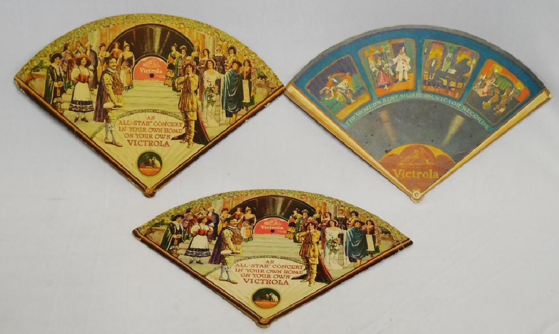 Lot of 3 Victrola Hand-Held Advertising Fans: largest measures 12 1/2" L