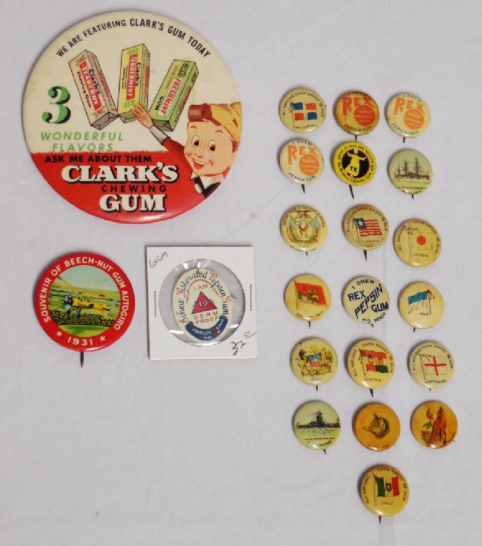 Lot of 22 Pinback Buttons Gum Advertising: includes Clarks, Beech-Nut, Pepsin, etc. and largest pin measures 4" diameter
