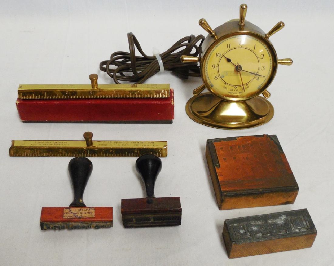 Lot of 7 Gum Advertising Desk Items: includes rulers, stamps, ink blots, and electric clock (WORKS)